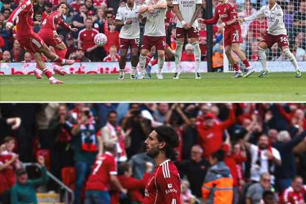 Dominik Szoboszlai with a beauty of a free-kick to give Liverpool the lead against Arsenal 😍 It was from 32.3 yards away, making it the furthest distance goal this season 🚀