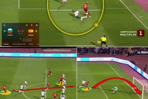 What an incredible move by Lamine Yamal to destabilize Bulgaria’s defense! Zubimendi retrieves the ball and serves Oyarzabal, who opens the scoring for Spain